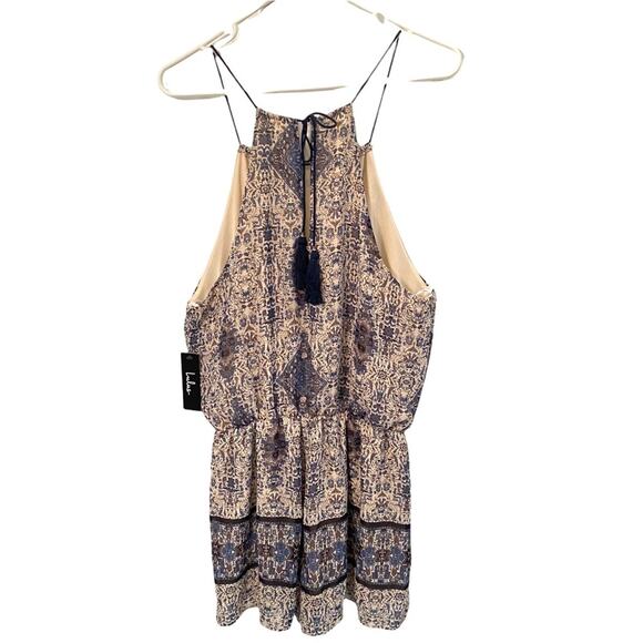 Lulus Mini Dress Size Large Blue Patterned Print Halter strap tassel NWT L - Picture 6 of 6